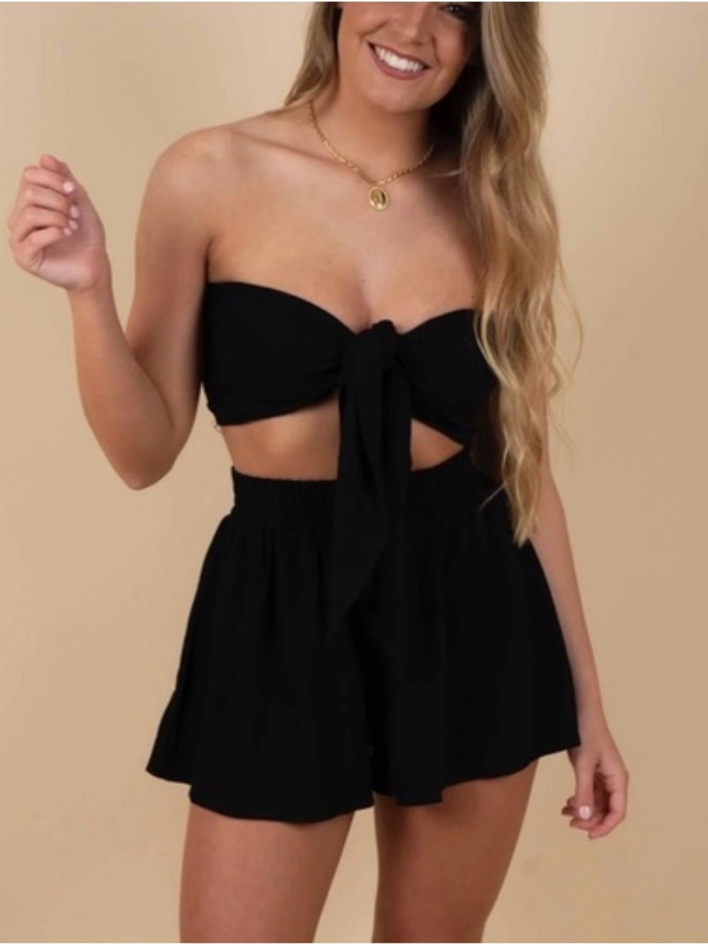 High-Waist Black Tie-Front Women’s two-piece set